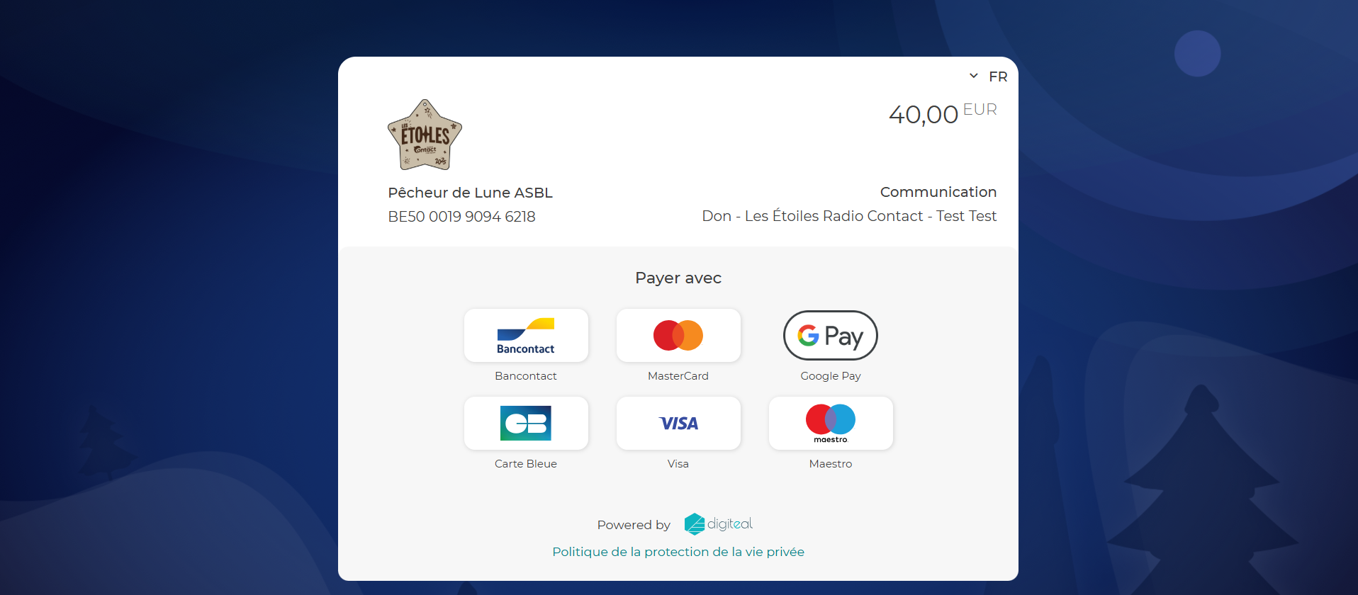Screenshot of the 'Les Étoiles Radio Contact 'website featuring Digiteal's payment integration